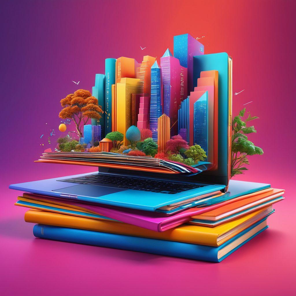 A vibrant digital landscape showcasing a thriving online marketplace filled with colorful, engaging blog posts transforming into products. Incorporate elements of storytelling, like open books and digital scrolls intertwining with shopping carts and online icons, symbolizing the fusion of creativity and commerce. The background should have a bright, energetic atmosphere with dynamic shapes and lines representing growth and opportunity. super-realistic. vibrant colors. modern aesthetic.