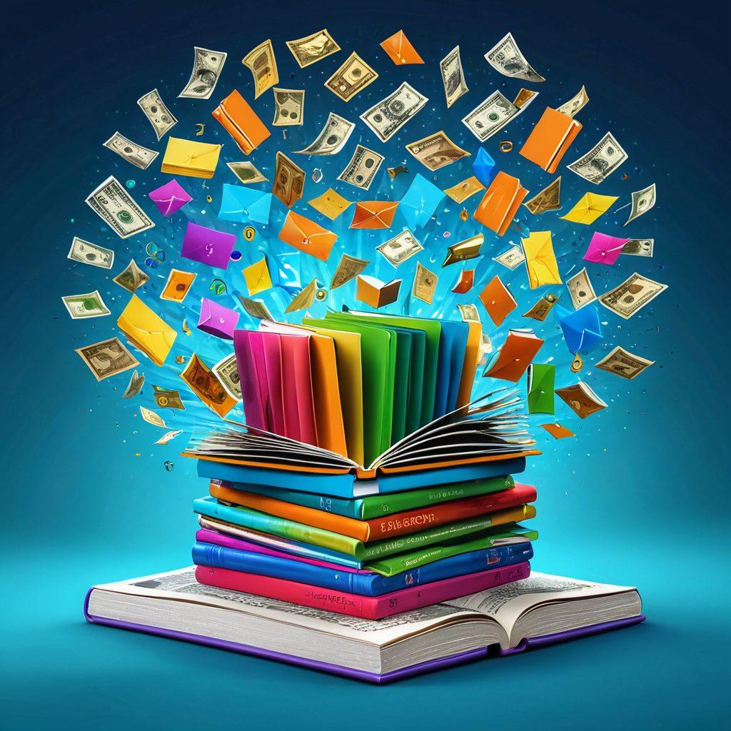 A colorful digital book transforming into stacks of money, surrounded by engaging icons like shopping carts and storytelling elements (like speech bubbles and books). The background should depict a vibrant online marketplace bursting with creativity and technology. Emphasize the fusion of narrative and commerce. super-realistic. vibrant colors. 3D.